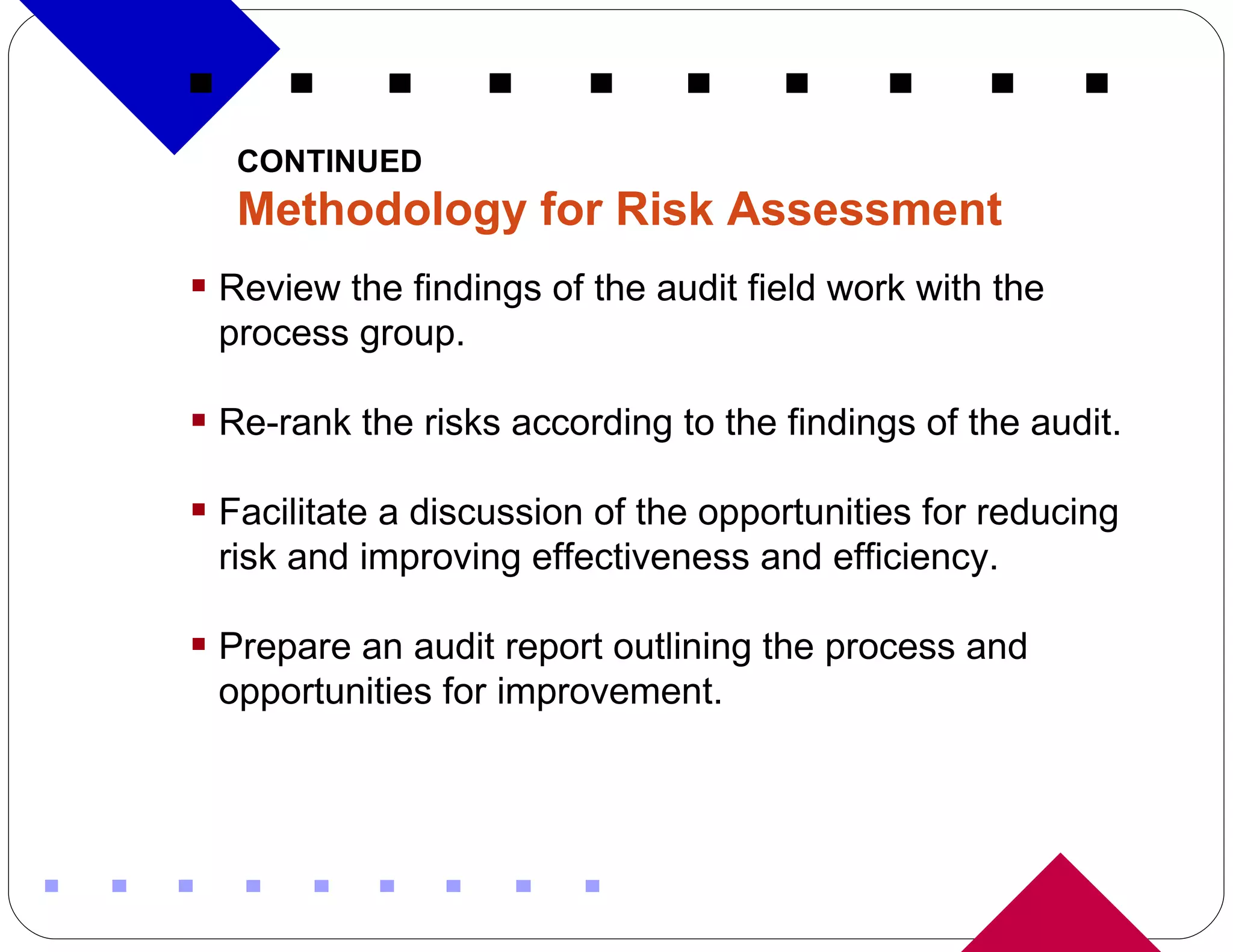 CONTINUED Methodology for Risk Assessment Review the findings of the audit field work with the process group. Re-rank the risks according to the findings of the audit. Facilitate a discussion of the opportunities for reducing risk and improving effectiveness and efficiency. Prepare an audit report outlining the process and opportunities for improvement. 