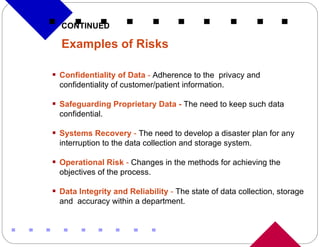 CONTINUED Examples of Risks   Confidentiality of Data  -  Adherence to the  privacy and confidentiality of customer/patient information.  Safeguarding Proprietary Data -   The need to   keep such data confidential. Systems Recovery  -  The need to develop a disaster plan for any interruption to the data collection and storage system. Operational Risk  -  Changes in the methods for achieving the objectives of the process. Data Integrity and Reliability  -  The state of data collection, storage and  accuracy within a department. 