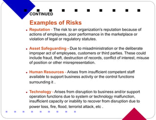 CONTINUED

    Examples of Risks
   Reputation - The risk to an organization's reputation because of
    actions of employees, poor performance in the marketplace or
    violation of legal or regulatory statutes.

   Asset Safeguarding - Due to misadministration or the deliberate
    improper act of employees, customers or third parties. These could
    include fraud, theft, destruction of records, conflict of interest, misuse
    of position or other misrepresentation.

   Human Resources - Arises from insufficient competent staff
    available to support business activity or the control functions
    surrounding it .

   Technology - Arises from disruption to business and/or support
    operation functions due to system or technology malfunction,
    insufficient capacity or inability to recover from disruption due to
    power loss, fire, flood, terrorist attack, etc .
 