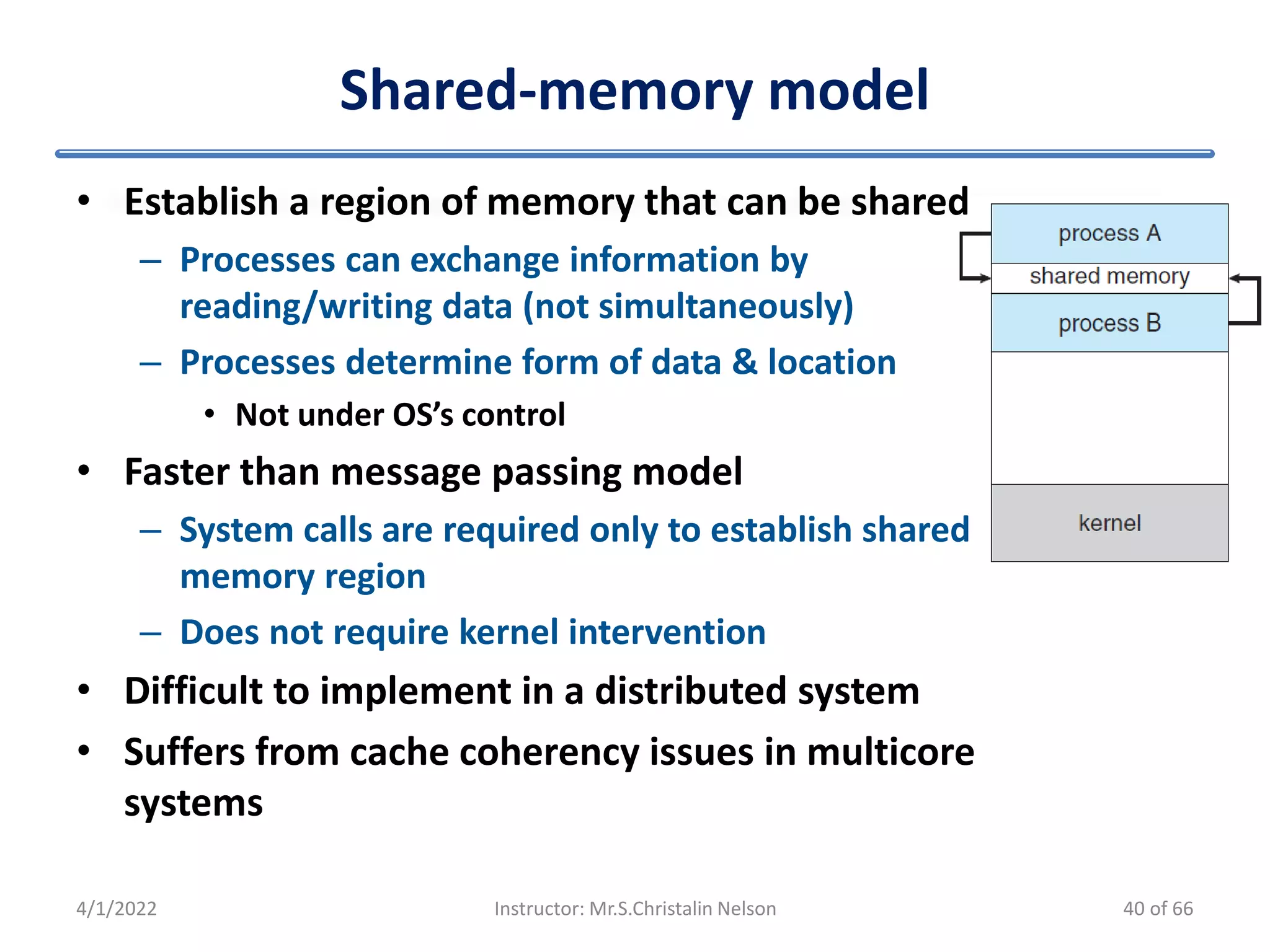 Shared-memory model
• Establish a region of memory that can be shared
– Processes can exchange information by
reading/writing data (not simultaneously)
– Processes determine form of data & location
• Not under OS’s control
• Faster than message passing model
– System calls are required only to establish shared
memory region
– Does not require kernel intervention
• Difficult to implement in a distributed system
• Suffers from cache coherency issues in multicore
systems
4/1/2022 Instructor: Mr.S.Christalin Nelson 40 of 66
 