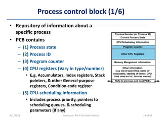 Process control block (1/6)
• Repository of information about a
specific process
• PCB contains
– (1) Process state
– (2) Process ID
– (3) Program counter
– (4) CPU registers (Vary in type/number)
• E.g. Accumulators, Index registers, Stack
pointers, & other General-purpose
registers, Condition-code register
– (5) CPU-scheduling information
• Includes process priority, pointers to
scheduling queues, & scheduling
parameters (if any)
4/1/2022 Instructor: Mr.S.Christalin Nelson 19 of 66
 