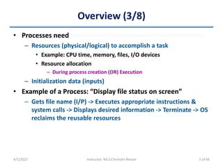 Overview (3/8)
• Processes need
– Resources (physical/logical) to accomplish a task
• Example: CPU time, memory, files, I/O devices
• Resource allocation
– During process creation (OR) Execution
– Initialization data (inputs)
• Example of a Process: “Display file status on screen”
– Gets file name (I/P) -> Executes appropriate instructions &
system calls -> Displays desired information -> Terminate -> OS
reclaims the reusable resources
4/1/2022 Instructor: Mr.S.Christalin Nelson 5 of 66
 