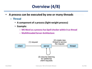 Overview (4/8)
• A process can be executed by one or many threads
– Thread
• A component of a process (light-weight process)
• Example:
– MS Word as a process has Spell checker within it as thread
– Multithreaded Server Architecture
4/1/2022 Instructor: Mr.S.Christalin Nelson 6 of 66
 