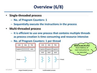 Overview (6/8)
• Single-threaded process
– No. of Program Counters: 1
– Sequentially execute the instructions in the process
• Multi-threaded process
– It is efficient to use one process that contains multiple threads
as process creation is time consuming and resource intensive
– No. of Program Counters: 1 per thread
4/1/2022 Instructor: Mr.S.Christalin Nelson
What is use of a PC?
Store Address of
next instruction to
be executed
8 of 66
 