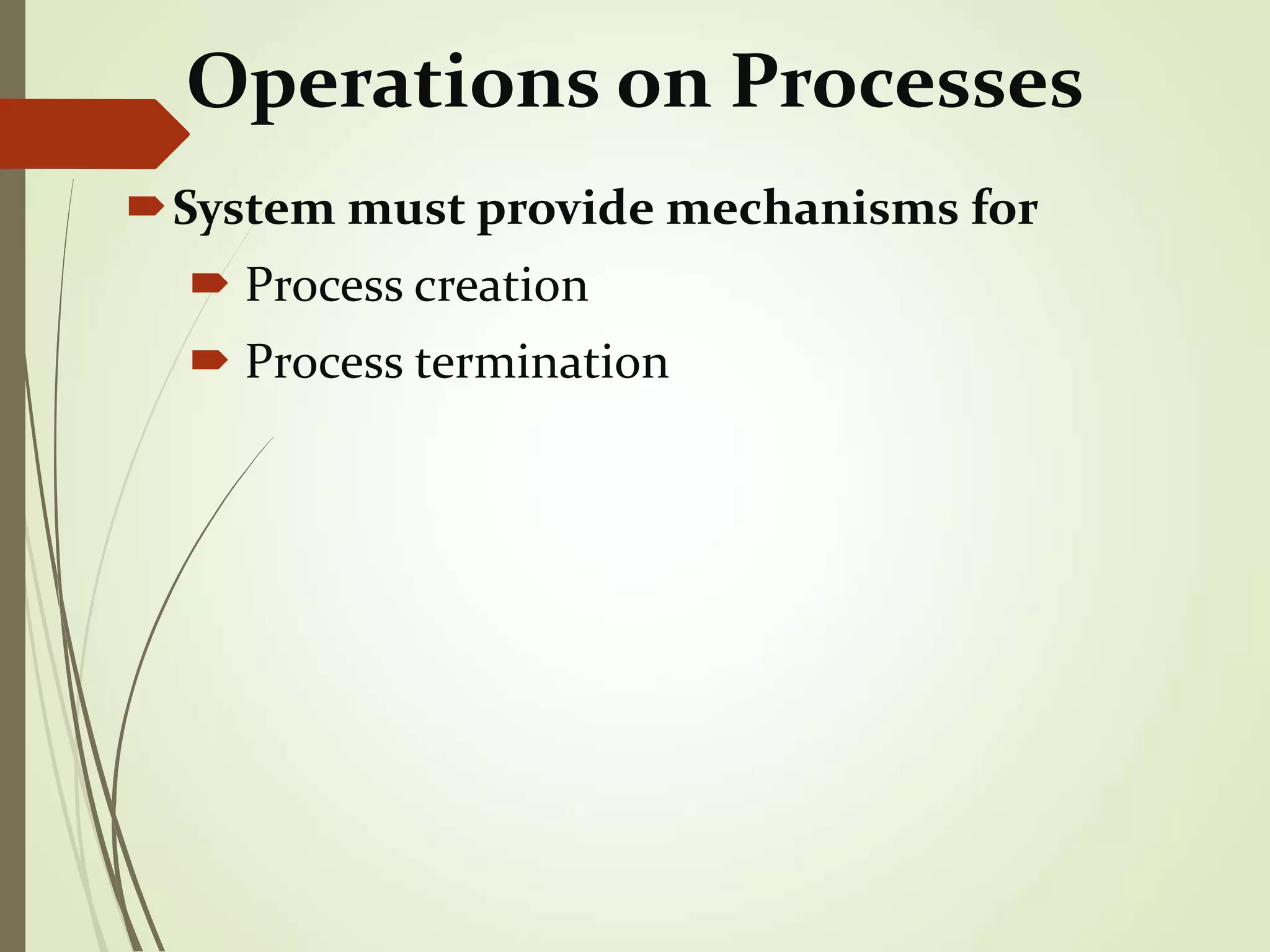Operations on Processes
System must provide mechanisms for
 Process creation
 Process termination
 