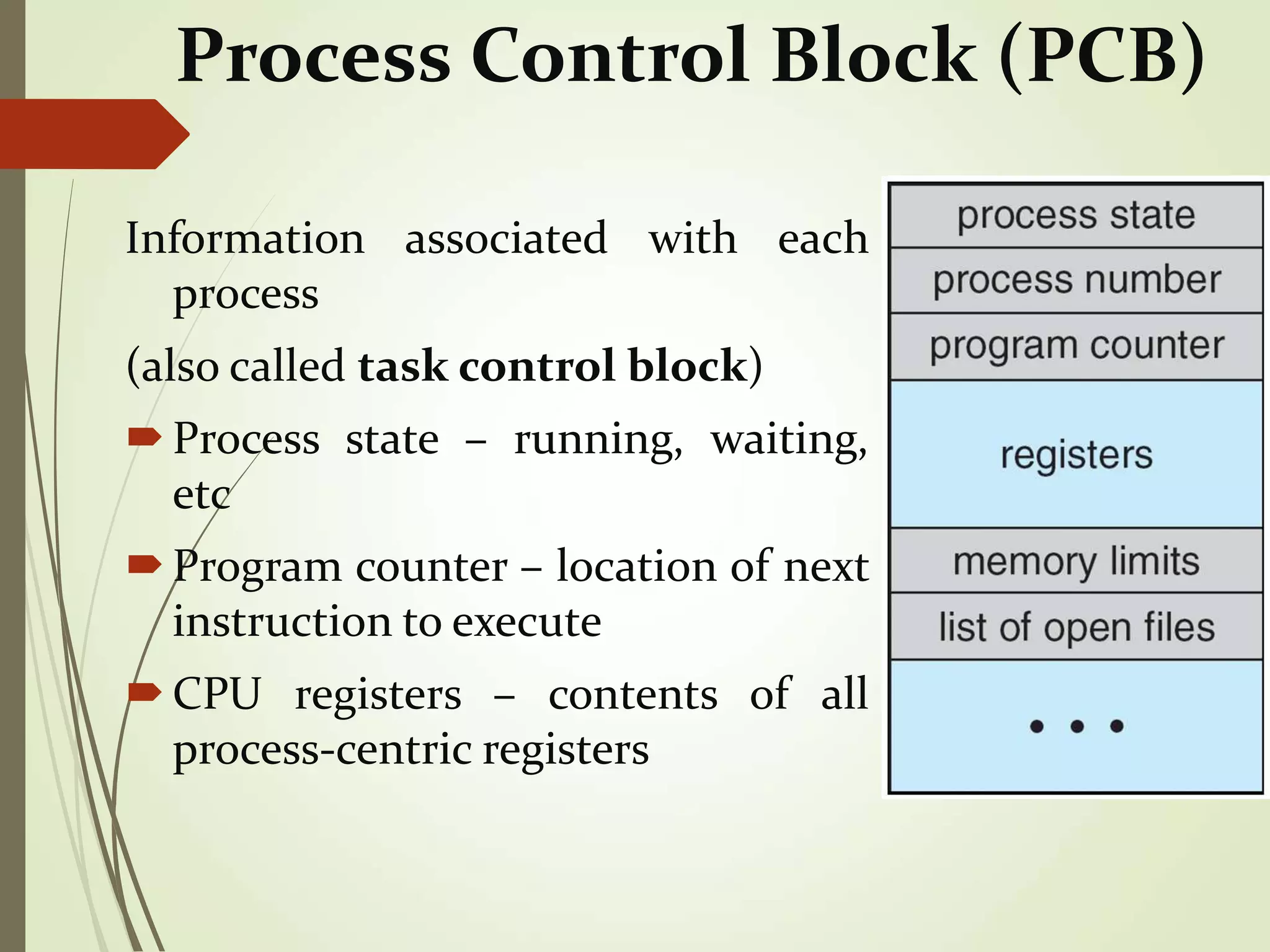 Process Control Block (PCB)
Information associated with each
process
(also called task control block)
Process state – running, waiting,
etc
Program counter – location of next
instruction to execute
CPU registers – contents of all
process-centric registers
 