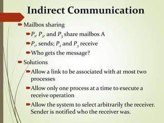Indirect Communication
Mailbox sharing
P1, P2, and P3 share mailbox A
P1, sends; P2 and P3 receive
Who gets the message?
Solutions
Allow a link to be associated with at most two
processes
Allow only one process at a time to execute a
receive operation
Allow the system to select arbitrarily the receiver.
Sender is notified who the receiver was.
 