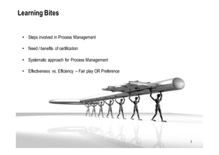 Learning Bites


 • Steps involved in Process Management

 • Need / benefits of certification

 • Systematic approach for Process Management

 • Effectiveness vs. Efficiency – Fair play OR Preference




                                                            2
 