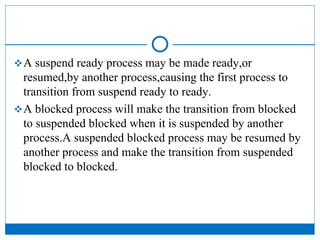 A suspend ready process may be made ready,or
resumed,by another process,causing the first process to
transition from suspend ready to ready.
A blocked process will make the transition from blocked
to suspended blocked when it is suspended by another
process.A suspended blocked process may be resumed by
another process and make the transition from suspended
blocked to blocked.
 