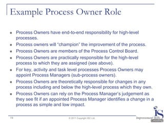 Example Process Owner Role

    Process Owners have end-to-end responsibility for high-level
     processes.
    Process...