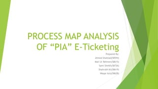 PROCESS MAP ANALYSIS
OF “PIA” E-Ticketing
Prepared By:
Ahmed Shahzad(58594)
Mati Ur Rehmen(58615)
Sami Sheikh(58726)
Shahrukh Ali(58619)
Waqar Aziz(58628)
 