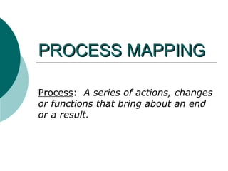 PROCESS MAPPING Process :  A series of actions, changes or functions that bring about an end or a result. 