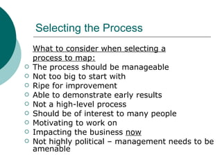 Selecting the Process What to consider when selecting a process to map: The process should be manageable Not too big to start with Ripe for improvement Able to demonstrate early results Not a high-level process Should be of interest to many people Motivating to work on Impacting the business  now Not highly political – management needs to be amenable 