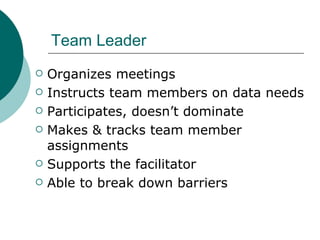 Team Leader Organizes meetings Instructs team members on data needs Participates, doesn’t dominate Makes & tracks team member assignments Supports the facilitator Able to break down barriers 