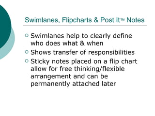 Swimlanes, Flipcharts & Post It ™  Notes Swimlanes help to clearly define who does what & when Shows transfer of responsibilities Sticky notes placed on a flip chart allow for free thinking/flexible arrangement and can be permanently attached later 