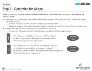 Copyright © 2013 by ScottMadden, Inc. All rights reserved.
Once a process or list of processes has been identified for further evaluation, you must clearly define the
process scope.
 Select process(es) that will address the key problems defined within your organization (e.g., where is the biggest
“bang for the buck”)
 Prioritize using level of effort and level of impact to your organization
 If possible, use your organization’s strategic goals to help determine which processes should be tackled first.
 Clearly define the “start” and “end” of each process or set of processes
 For example, if evaluating the HR Onboarding process, define the following parameters:
– Does the process start when the new hire ePAF is initiated?
– Or does it start after the candidate is hired into PeopleSoft?
– What is the trigger to start the process?
– Does the process end once the new hire completes day one?
– Or, does the process end after all paperwork is signed?
– Or, does the process end after the department checklist is complete?
– What is the final step in the process?
9
Step 2 – Determine the Scope
Analyze
Analyze
StartEnd
What is the
process
trigger?
What is the
process
terminator?
 