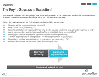 Copyright © 2013 by ScottMadden, Inc. All rights reserved.
All the work that goes into designing a new, improved process can be lost without an effective implementation.
It doesn’t matter how great the design is, if it is not rolled out the right way.
When developing the plan, the following elements should be considered:
 How/who will the implementation be managed?
 Do you have management support?
 Is staff available to work the project? If so, what are the possible constraints (e.g., semester beginning or end)?
 Are all team members clear on task deadlines? Have critical path items been identified?
 Is the project calendar aligned with important activities happening externally?
 Are there dependencies on other projects? Are there dependencies on your project?
 How will you interface with stakeholders or external process owners (e.g., IT)?
 How/who will manage the communications and training process?
25
The Key to Success is Execution!
Implement
Implement
Thorough
Planning
Successful
Implementation
Plan the work and work the plan!
 