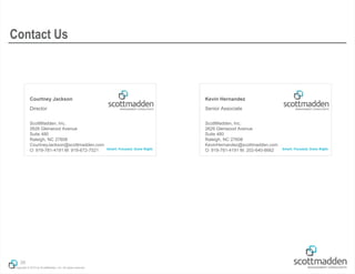 Copyright © 2013 by ScottMadden, Inc. All rights reserved.
Courtney Jackson
Director
ScottMadden, Inc.
2626 Glenwood Avenue
Suite 480
Raleigh, NC 27608
CourtneyJackson@scottmadden.com
O: 919-781-4191 M: 919-672-7521
ScottMadden, Inc.
2626 Glenwood Avenue
Suite 480
Raleigh, NC 27608
KevinHernandez@scottmadden.com
O: 919-781-4191 M: 202-640-8662
Kevin Hernandez
Senior Associate
Contact Us
36
 