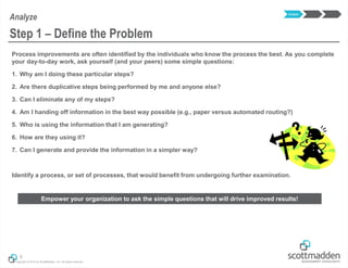 Copyright © 2013 by ScottMadden, Inc. All rights reserved.
Process improvements are often identified by the individuals who know the process the best. As you complete
your day-to-day work, ask yourself (and your peers) some simple questions:
1. Why am I doing these particular steps?
2. Are there duplicative steps being performed by me and anyone else?
3. Can I eliminate any of my steps?
4. Am I handing off information in the best way possible (e.g., paper versus automated routing?)
5. Who is using the information that I am generating?
6. How are they using it?
7. Can I generate and provide the information in a simpler way?
Identify a process, or set of processes, that would benefit from undergoing further examination.
8
Step 1 – Define the Problem
Analyze
Empower your organization to ask the simple questions that will drive improved results!
Analyze
 