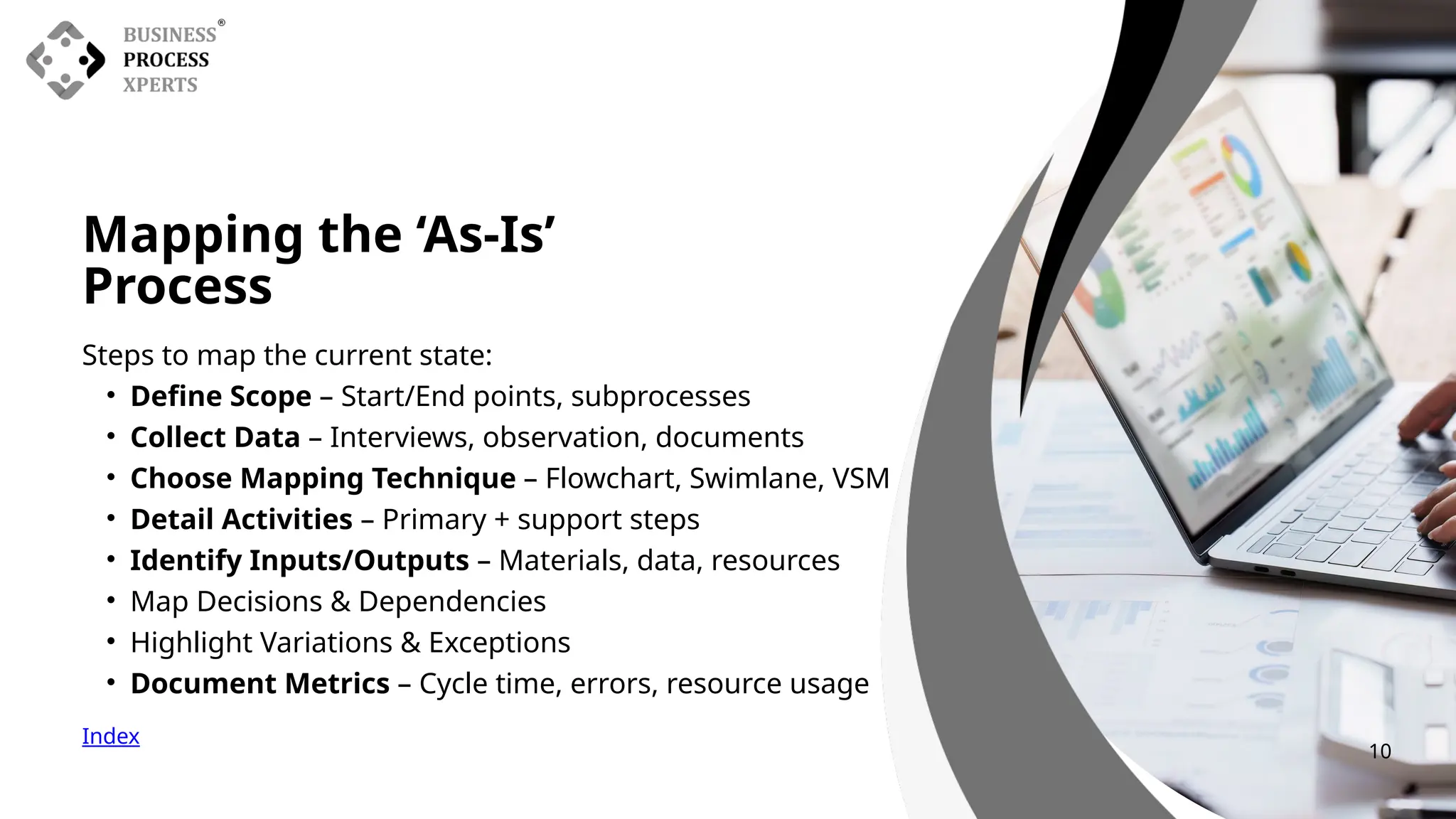 Mapping the ‘As-Is’
Process
Index
Steps to map the current state:
• Define Scope – Start/End points, subprocesses
• Collect Data – Interviews, observation, documents
• Choose Mapping Technique – Flowchart, Swimlane, VSM
• Detail Activities – Primary + support steps
• Identify Inputs/Outputs – Materials, data, resources
• Map Decisions & Dependencies
• Highlight Variations & Exceptions
• Document Metrics – Cycle time, errors, resource usage
10
 