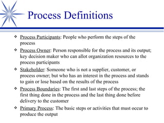 Process Definitions Process Participants : People who perform the steps of the process Process Owner : Person responsible for the process and its output; key decision maker who can allot organization resources to the process   participants Stakeholder : Someone who is not a supplier, customer, or process owner; but who has an interest in the process and stands to gain or lose based on the results of the process Process Boundaries : The first and last steps of the process; the first thing done in the process and the last thing done before delivery to the customer Primary Process : The basic steps or activities that must occur to produce the output 