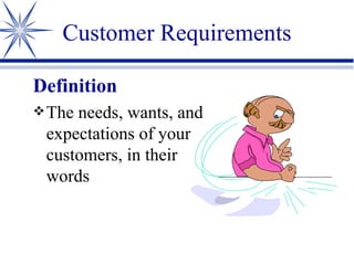Customer Requirements Definition The needs, wants, and expectations of your customers, in their words 