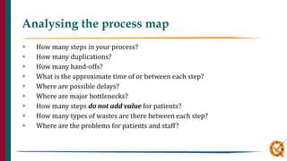 Analysing the process map
 How many steps in your process?
 How many duplications?
 How many hand-offs?
 What is the approximate time of or between each step?
 Where are possible delays?
 Where are major bottlenecks?
 How many steps do not add value for patients?
 How many types of wastes are there between each step?
 Where are the problems for patients and staff?
 