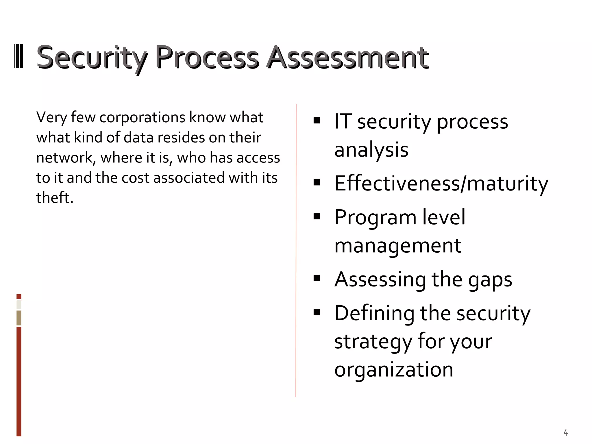 Security Process Assessment  IT security process analysis  Effectiveness/maturity  Program level management Assessing the gaps Defining the security strategy for your organization Very few corporations know what what kind of data resides on their network, where it is, who has access to it and the cost associated with its theft. 