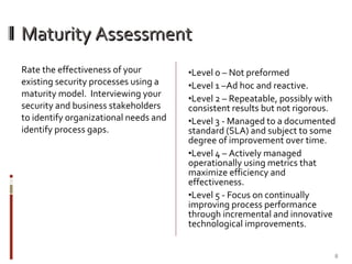 Maturity Assessment Rate the effectiveness of your existing security processes using a maturity model.  Interviewing your security and business stakeholders to identify organizational needs and identify process gaps.  Level 0 – Not preformed Level 1 –Ad hoc and reactive. Level 2 – Repeatable, possibly with consistent results but not rigorous.  Level 3 - Managed to a documented standard (SLA) and subject to some degree of improvement over time.  Level 4 – Actively managed operationally using metrics that maximize efficiency and effectiveness.  Level 5 - Focus on continually improving process performance through incremental and innovative technological improvements.  