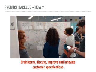 PRODUCT BACKLOG - HOW ?
Brainstorm, discuss, improve and innovate
customer specifications
 