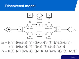 Discovered model

                d                            c
                           p({c},{d})

                              b
            p({a,d},{b})                p({b},{c,f})
iL      a                                              f       oL

                              e
            p({a},{e})                  p({e},{f})




                                                           PAGE 27
 