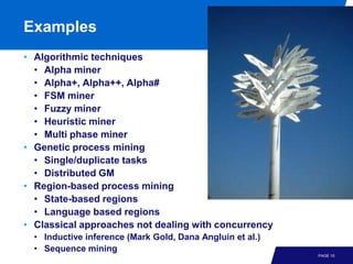 Examples
• Algorithmic techniques
  • Alpha miner
  • Alpha+, Alpha++, Alpha#
  • FSM miner
  • Fuzzy miner
  • Heuristic miner
  • Multi phase miner
• Genetic process mining
  • Single/duplicate tasks
  • Distributed GM
• Region-based process mining
  • State-based regions
  • Language based regions
• Classical approaches not dealing with concurrency
  • Inductive inference (Mark Gold, Dana Angluin et al.)
  • Sequence mining
                                                           PAGE 10
 