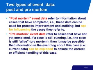 Two types of event data:
post and pre mortem

• “Post mortem” event data refer to information about
  cases that have completed, i.e., these data can be
  used for process improvement and auditing, but not
  for influencing the cases they refer to.
• “Pre mortem” event data refer to cases that have not
  yet completed. If a case is still running, i.e., the case
  is still “alive” (pre mortem), then it may be possible
  that information in the event log about this case (i.e.,
  current data) can be exploited to ensure the correct
  or efficient handling of this case.



                                                        PAGE 5
 