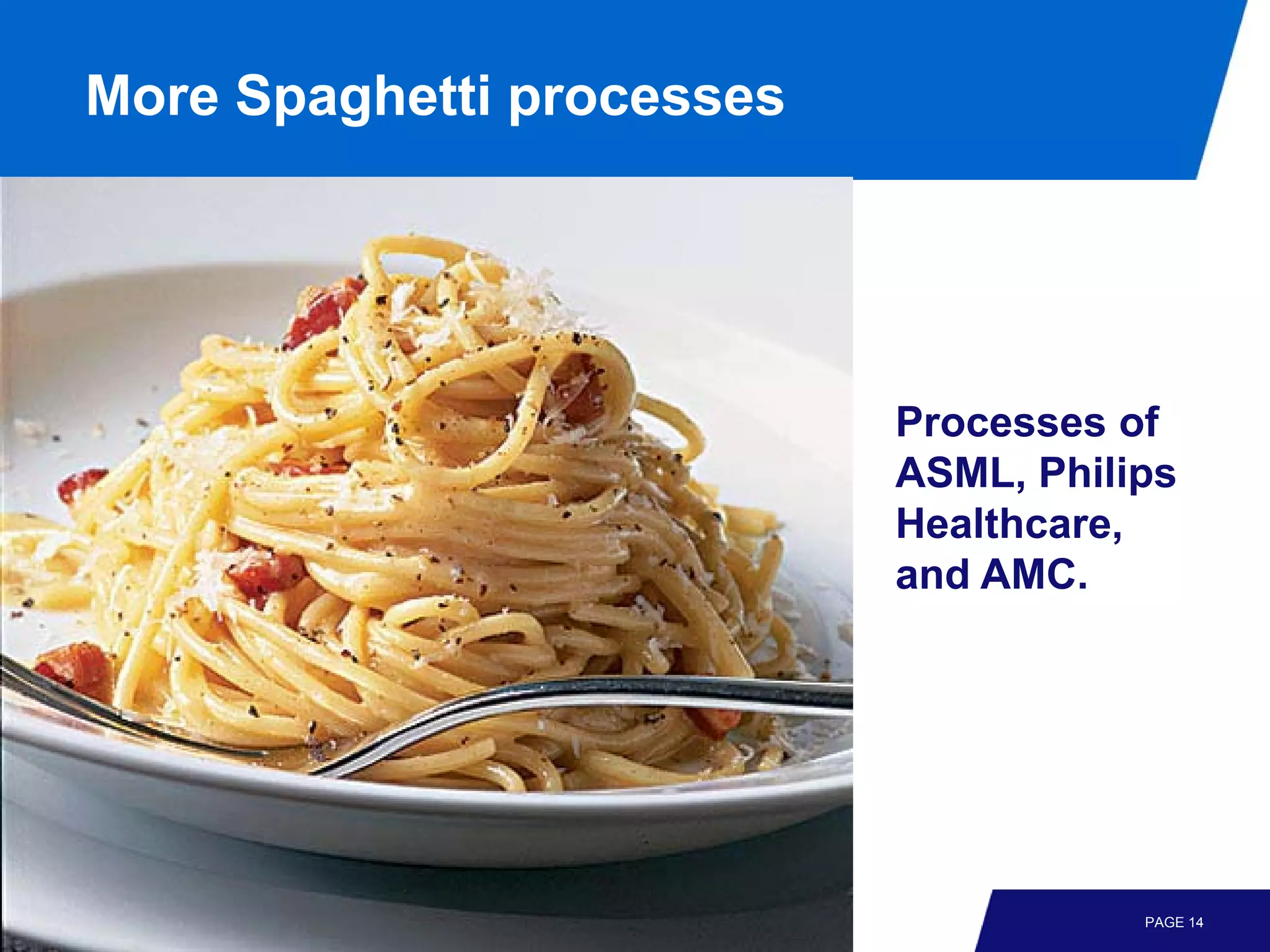 More Spaghetti processes




                           Processes of
                           ASML, Philips
                           Healthcare,
                           and AMC.




                                      PAGE 14
 