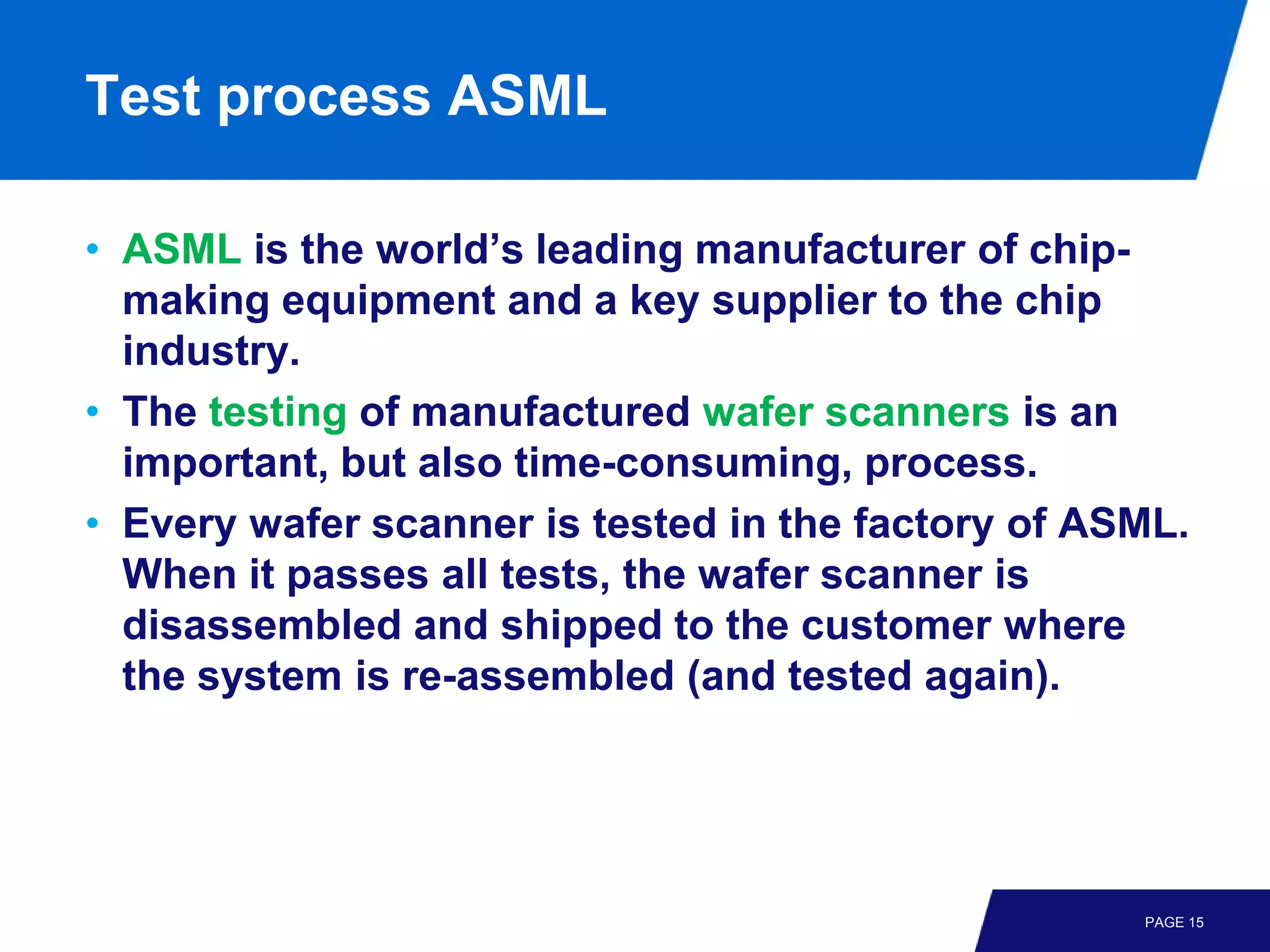 Test process ASML

• ASML is the world’s leading manufacturer of chip-
  making equipment and a key supplier to the chip
  industry.
• The testing of manufactured wafer scanners is an
  important, but also time-consuming, process.
• Every wafer scanner is tested in the factory of ASML.
  When it passes all tests, the wafer scanner is
  disassembled and shipped to the customer where
  the system is re-assembled (and tested again).




                                                    PAGE 15
 