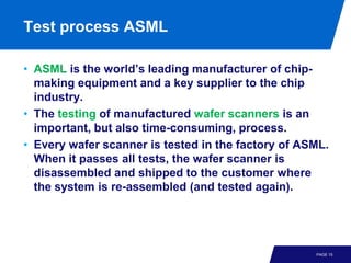 Test process ASML

• ASML is the world’s leading manufacturer of chip-
  making equipment and a key supplier to the chip
  industry.
• The testing of manufactured wafer scanners is an
  important, but also time-consuming, process.
• Every wafer scanner is tested in the factory of ASML.
  When it passes all tests, the wafer scanner is
  disassembled and shipped to the customer where
  the system is re-assembled (and tested again).




                                                    PAGE 15
 