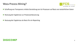 4
Wozu Process Mining?
 Schaffung von Transparenz mittels Darstellung von Ist-Prozessen auf Basis von tatsächlichen Daten
 Nutzung der Ergebnisse zur Prozessverbesserung
 Nutzung der Ergebnisse als Basis für ein Reporting
 