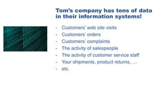 Tom’s company has tons of data
in their information systems!
- Customers’ web site visits
- Customers’ orders
- Customers’ complaints
- The activity of salespeople
- The activity of customer service staff
- Your shipments, product returns, …
- etc.
 