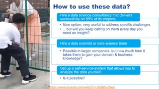 How to use these data?
4
https://www.youtube.com/watch?v=z9b9ZeU5aac
• Nice option, very useful to address specific challenges
• …but will you keep calling on them every day you
need an insight?
Hire a data science consultancy that delivers
successfully on 85% of its projects
• Possible in larger companies, but how much time it
takes them to gain your domain & business
knowledge?
Hire a data scientist or data science team
• Is it possible?
Set up a self-service-system that allows you to
analyze the data yourself.
 