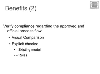 Benefits (2)

Verify compliance regarding the approved and
  official process flow
  • Visual Comparison
  • Explicit checks:
     • - Existing model
     • - Rules
 