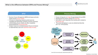 Presented by: Dr. Vala Ali Rohani
What is the difference between BPM and Process Mining?
• Business Process Management (BPM) techniques and tools
evolve around process models
• It focuses on improving corporate performance by
managing and optimising a company's business processes
• Unfortunately, process models are often completely
disconnected from actual event data
• Analysis results are unreliable because they are not based
on observed facts, but on an idealized model of reality
• Process mining aims to bridge the gap between BI and BPM
• Starting point for process mining is an event log
• Each event in such a log refers to an activity and is related to
a particular case
• The events belonging to a case are ordered and describe
one “run” of the process
BPM Process Mining
http://www.processmining.org/_media/publications/p651.pdf
 
