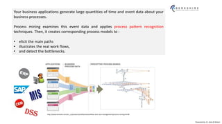 Presented by: Dr. Vala Ali Rohani
Your business applications generate large quantities of time and event data about your
business processes.
Process mining examines this event data and applies process pattern recognition
techniques. Then, it creates corresponding process models to :
• elicit the main paths
• illustrates the real work flows,
• and detect the bottlenecks.
http://www.lexmark.com/en_us/products/software/workflow-and-case-management/process-mining.html#
 