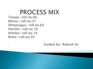 Tanuja:-roll.no.66
Mitixa:-roll.no.37
Sthitpragya:-roll.no.64
Harshit:-roll.no.18
Himika:-roll.no.19
Rohit:-roll.no.50
. Guided by:-Rakesh Sir
 