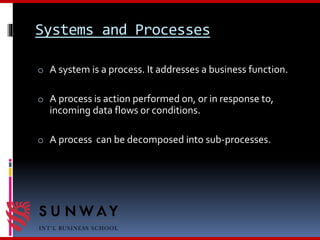 Systems and Processes
o A system is a process. It addresses a business function.
o A process is action performed on, or in response to,
incoming data flows or conditions.
o A process can be decomposed into sub-processes.
 