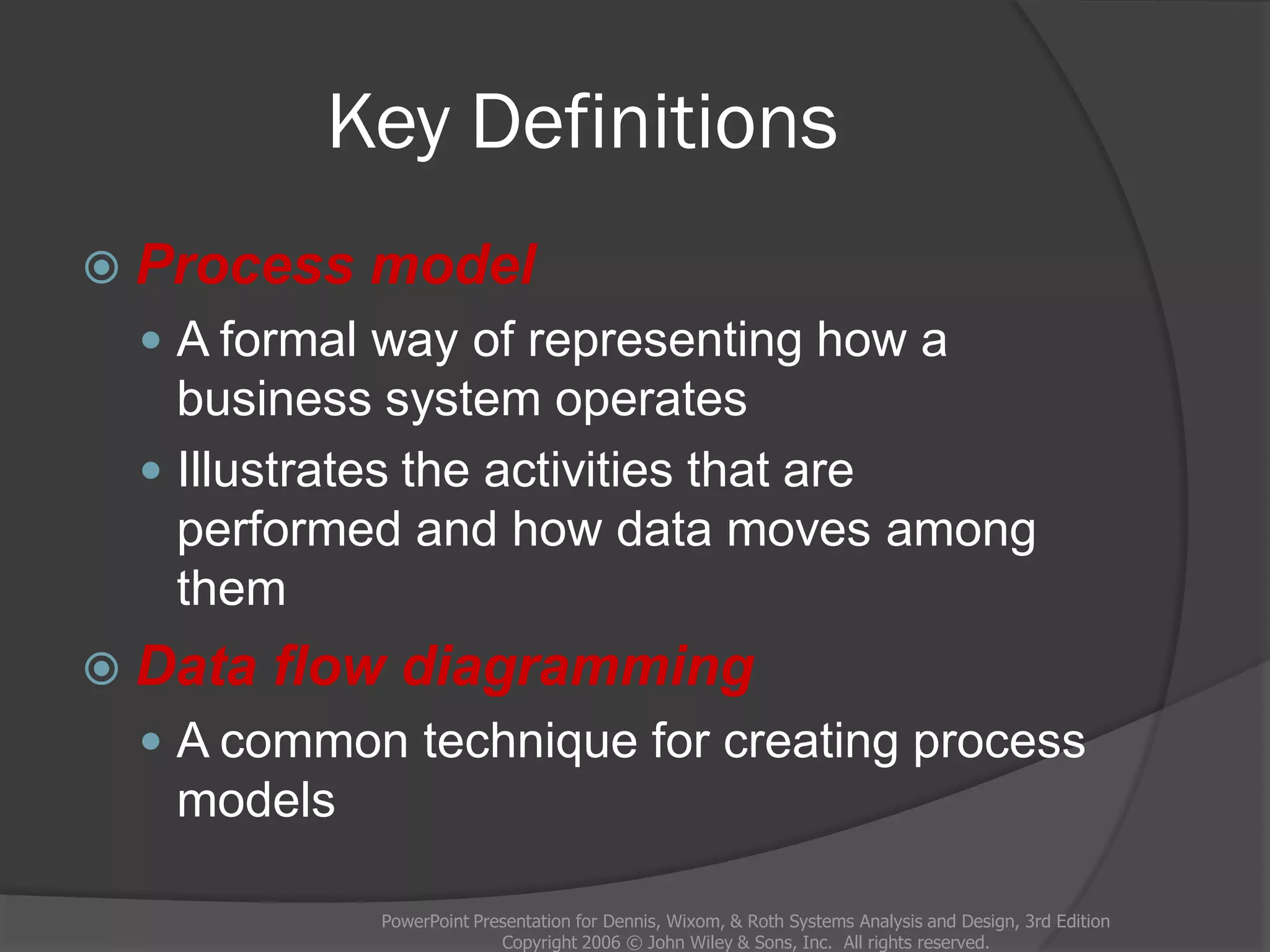 Key Definitions
 Process model
 A formal way of representing how a
business system operates
 Illustrates the activities that are
performed and how data moves among
them
 Data flow diagramming
 A common technique for creating process
models
PowerPoint Presentation for Dennis, Wixom, & Roth Systems Analysis and Design, 3rd Edition
Copyright 2006 © John Wiley & Sons, Inc. All rights reserved.
 