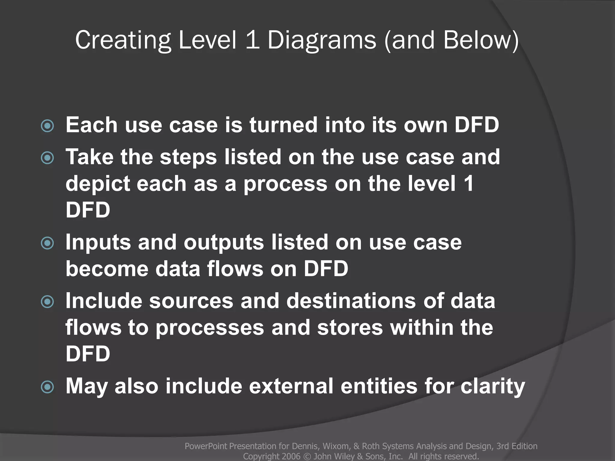 Creating Level 1 Diagrams (and Below)
 Each use case is turned into its own DFD
 Take the steps listed on the use case and
depict each as a process on the level 1
DFD
 Inputs and outputs listed on use case
become data flows on DFD
 Include sources and destinations of data
flows to processes and stores within the
DFD
 May also include external entities for clarity
PowerPoint Presentation for Dennis, Wixom, & Roth Systems Analysis and Design, 3rd Edition
Copyright 2006 © John Wiley & Sons, Inc. All rights reserved.
 