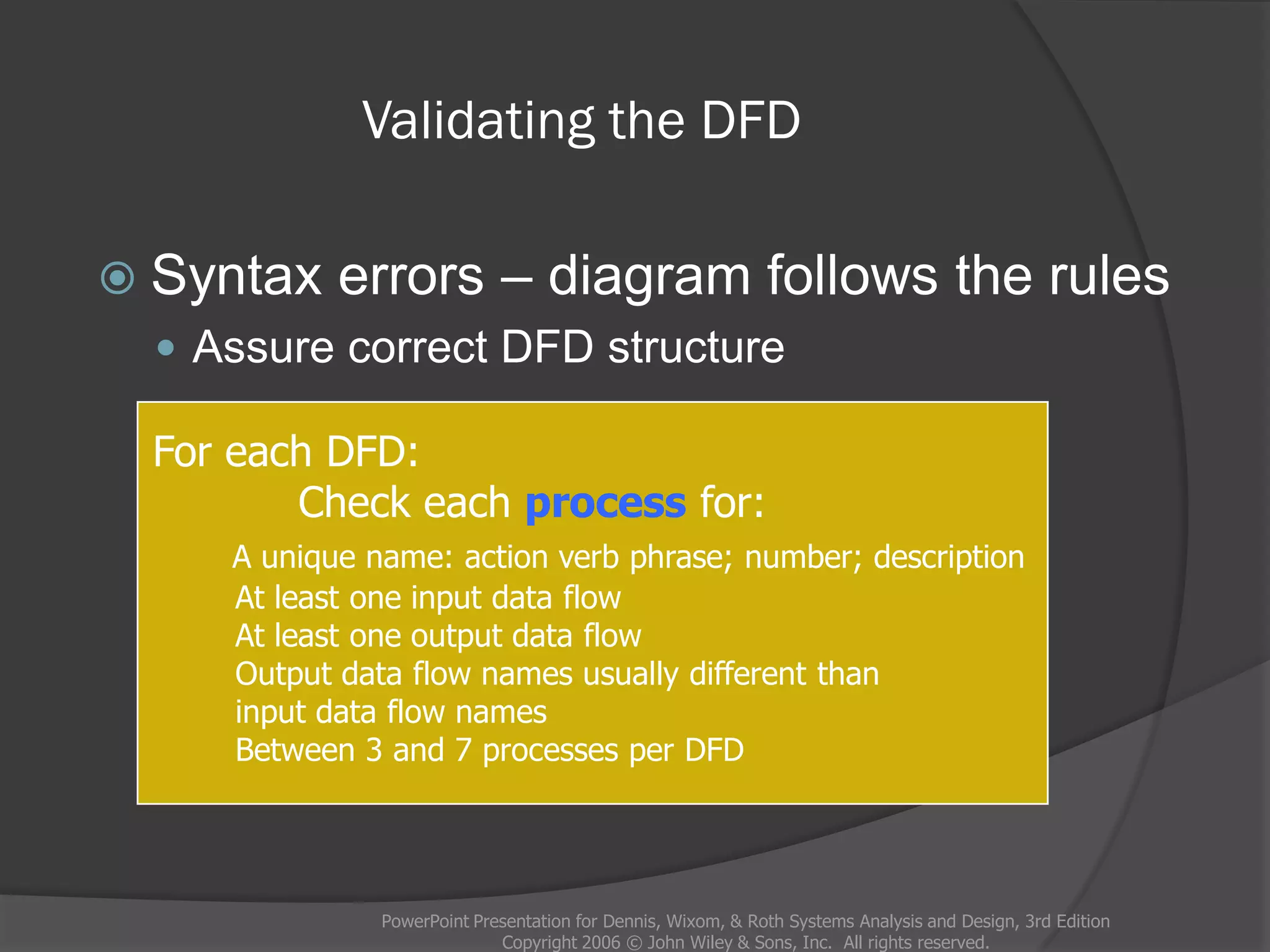 Validating the DFD
 Syntax errors – diagram follows the rules
 Assure correct DFD structure
PowerPoint Presentation for Dennis, Wixom, & Roth Systems Analysis and Design, 3rd Edition
Copyright 2006 © John Wiley & Sons, Inc. All rights reserved.
For each DFD:
Check each process for:
A unique name: action verb phrase; number; description
At least one input data flow
At least one output data flow
Output data flow names usually different than
input data flow names
Between 3 and 7 processes per DFD
 