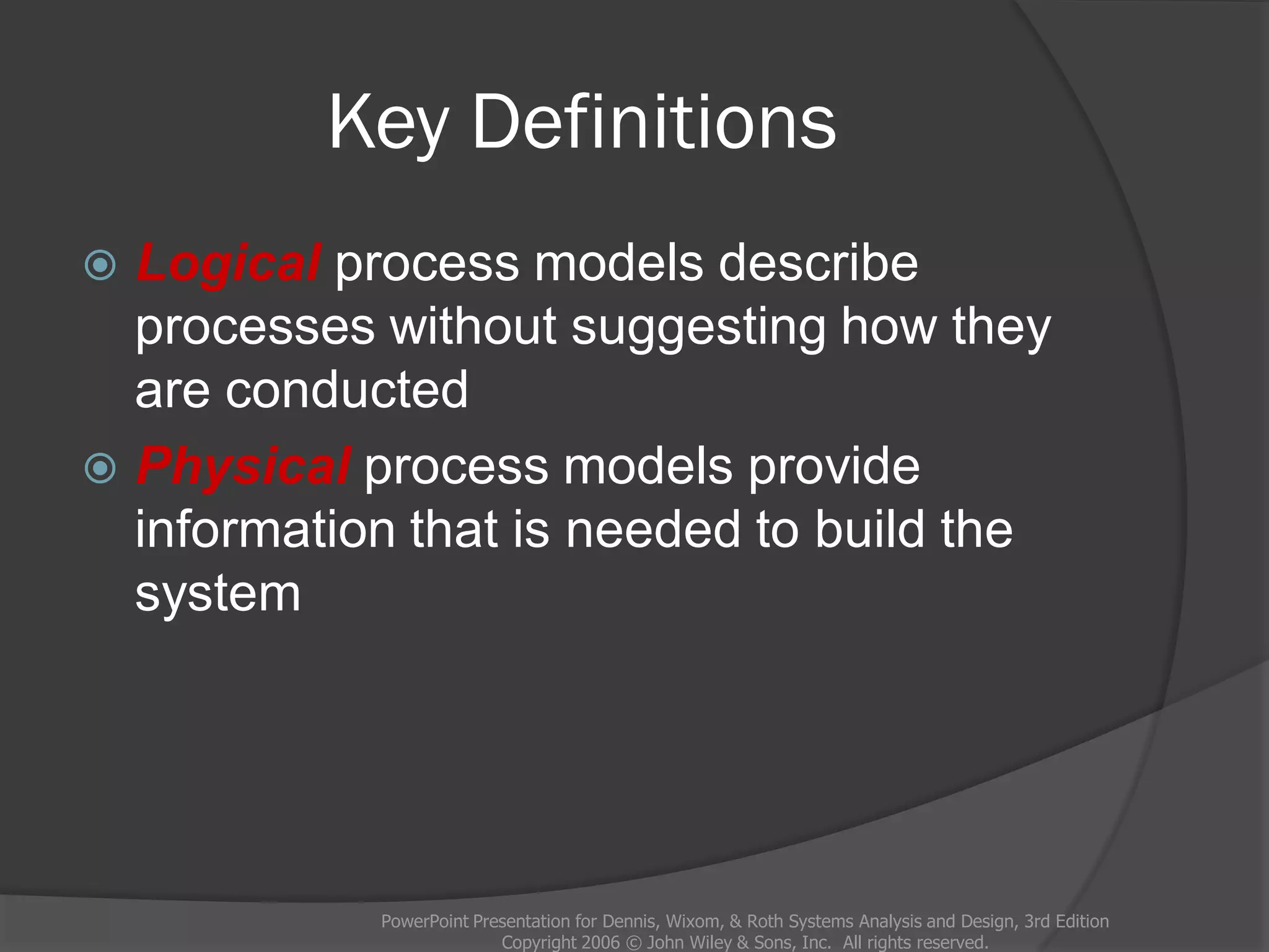 Key Definitions
 Logical process models describe
processes without suggesting how they
are conducted
 Physical process models provide
information that is needed to build the
system
PowerPoint Presentation for Dennis, Wixom, & Roth Systems Analysis and Design, 3rd Edition
Copyright 2006 © John Wiley & Sons, Inc. All rights reserved.
 