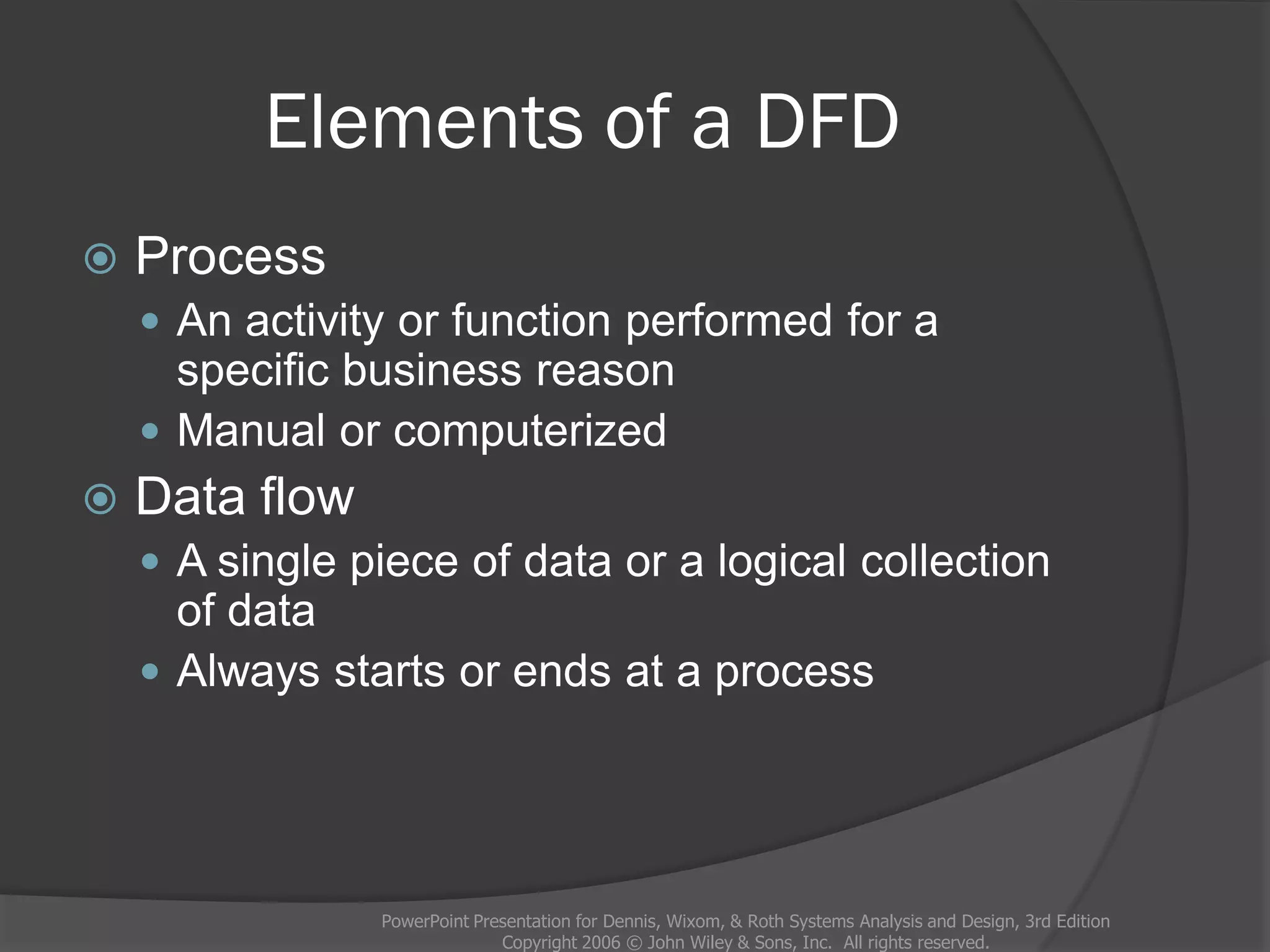 Elements of a DFD
 Process
 An activity or function performed for a
specific business reason
 Manual or computerized
 Data flow
 A single piece of data or a logical collection
of data
 Always starts or ends at a process
PowerPoint Presentation for Dennis, Wixom, & Roth Systems Analysis and Design, 3rd Edition
Copyright 2006 © John Wiley & Sons, Inc. All rights reserved.
 