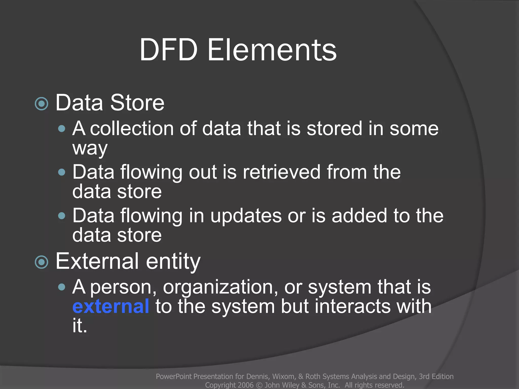 DFD Elements
 Data Store
 A collection of data that is stored in some
way
 Data flowing out is retrieved from the
data store
 Data flowing in updates or is added to the
data store
 External entity
 A person, organization, or system that is
external to the system but interacts with
it.
PowerPoint Presentation for Dennis, Wixom, & Roth Systems Analysis and Design, 3rd Edition
Copyright 2006 © John Wiley & Sons, Inc. All rights reserved.
 